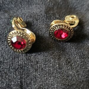 Stuning And Elegant Gold and Red Stud Earrings Clip On 0.5 Inches Diameter